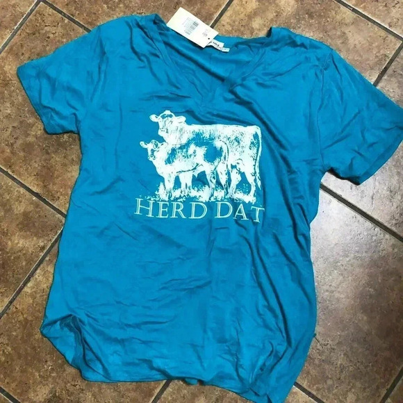 Southern Stitch "Herd Dat" Cow T-Shirt Turquoise  Size L - Picture 2 of 4